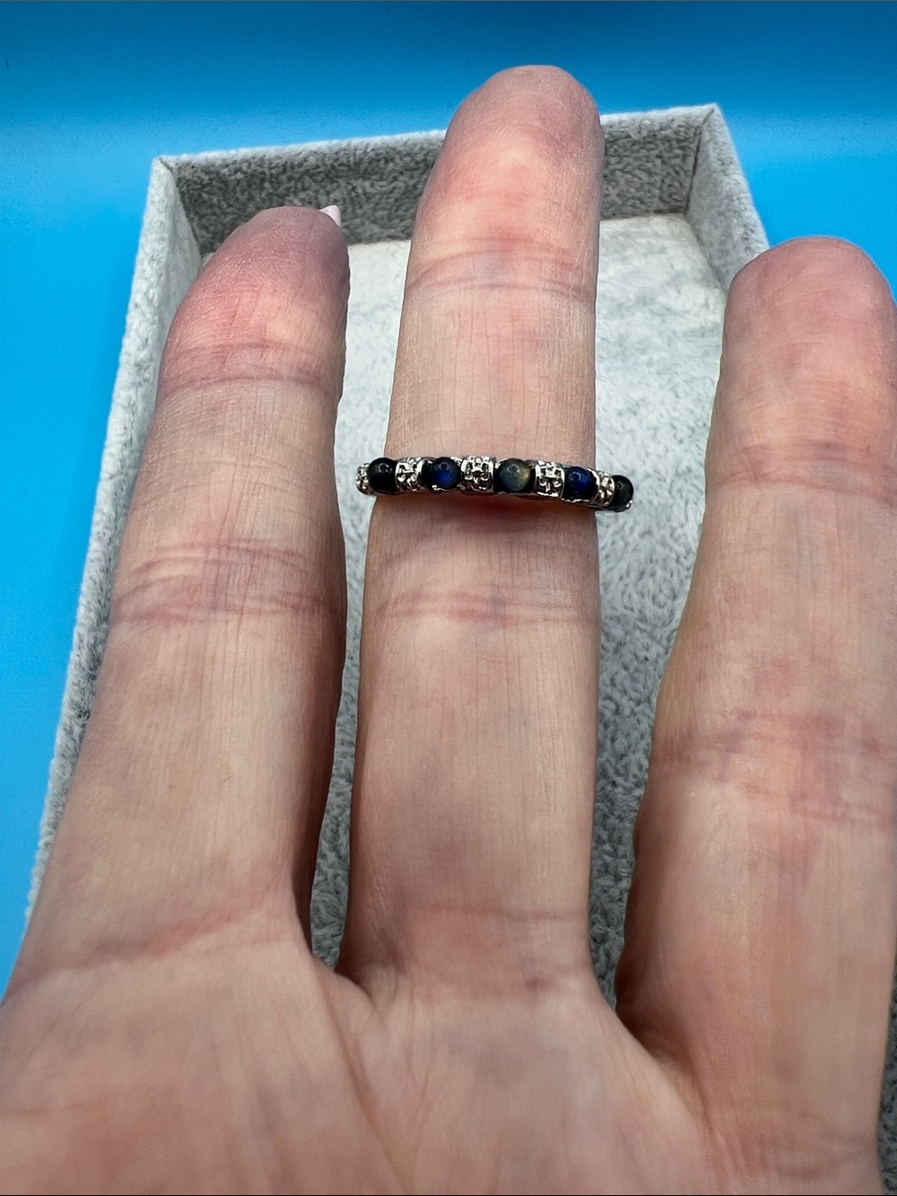 Stainless Steel Beaded Ring with Blue and Black Accents
